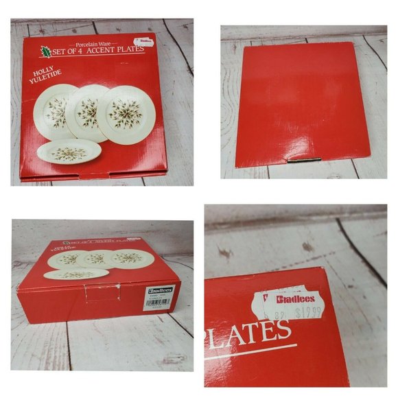 Vintage Holly Yuletide Set Of 4 Accent Plates Bradleys Price Tag Holiday Decor - Picture 3 of 5